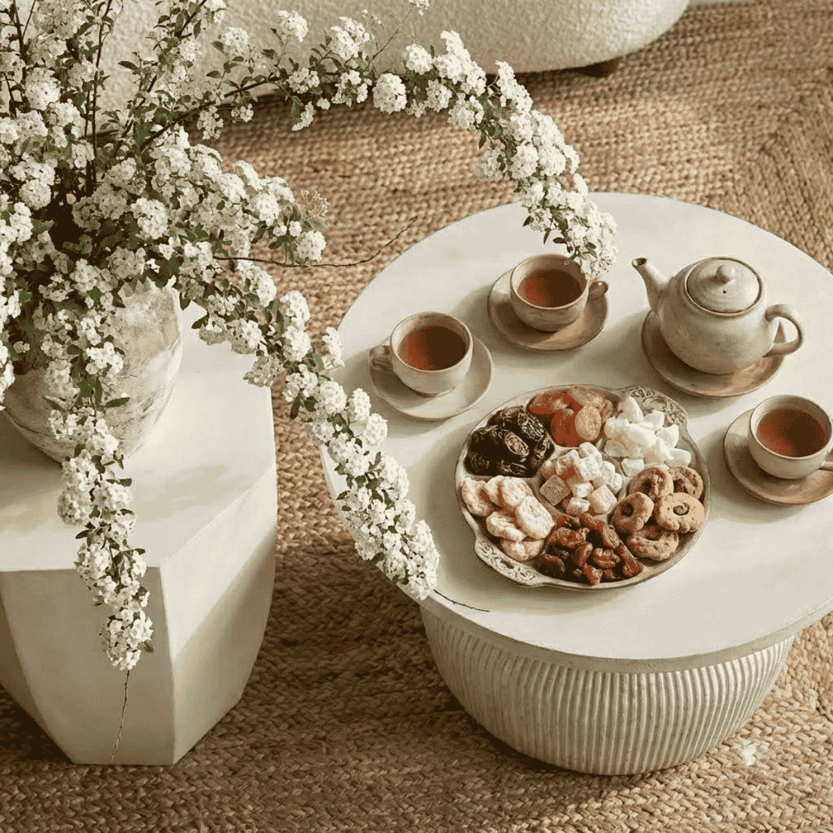 Nghệ Thuật Sắp Đặt Bàn Trà Sofa Phòng Khách Ngày Tết: Khay Mứt, Ấm Trà Và Bàn Xi Măng