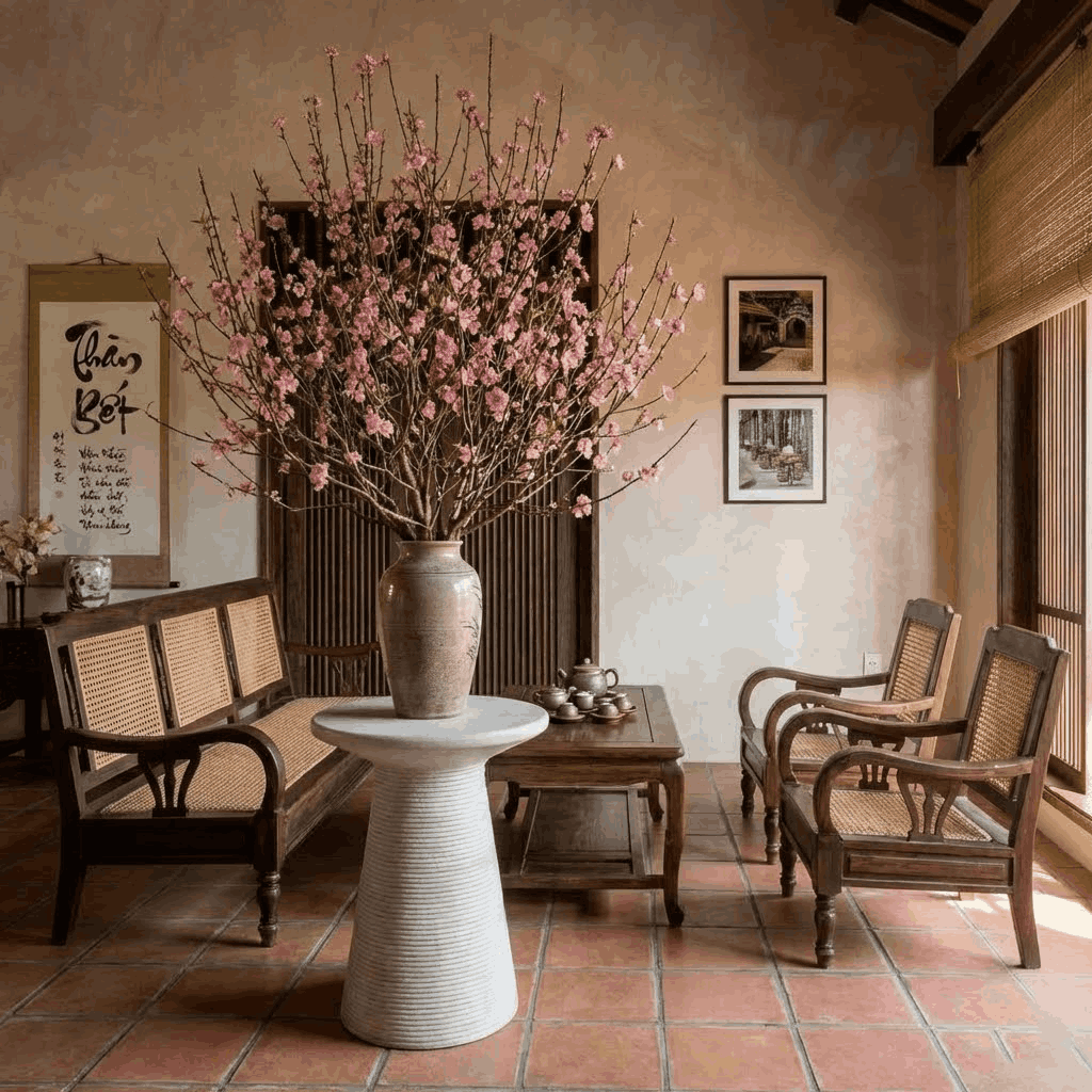 Nghệ Thuật Sắp Đặt Bàn Trà Sofa Phòng Khách Ngày Tết: Khay Mứt, Ấm Trà Và Bàn Xi Măng