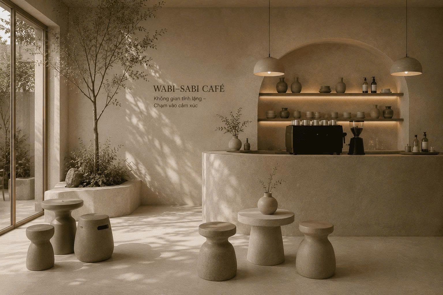 Nội thất cafe Hà Nội 2026: Đột phá doanh thu với làn sóng Wabi-Sabi chữa lành