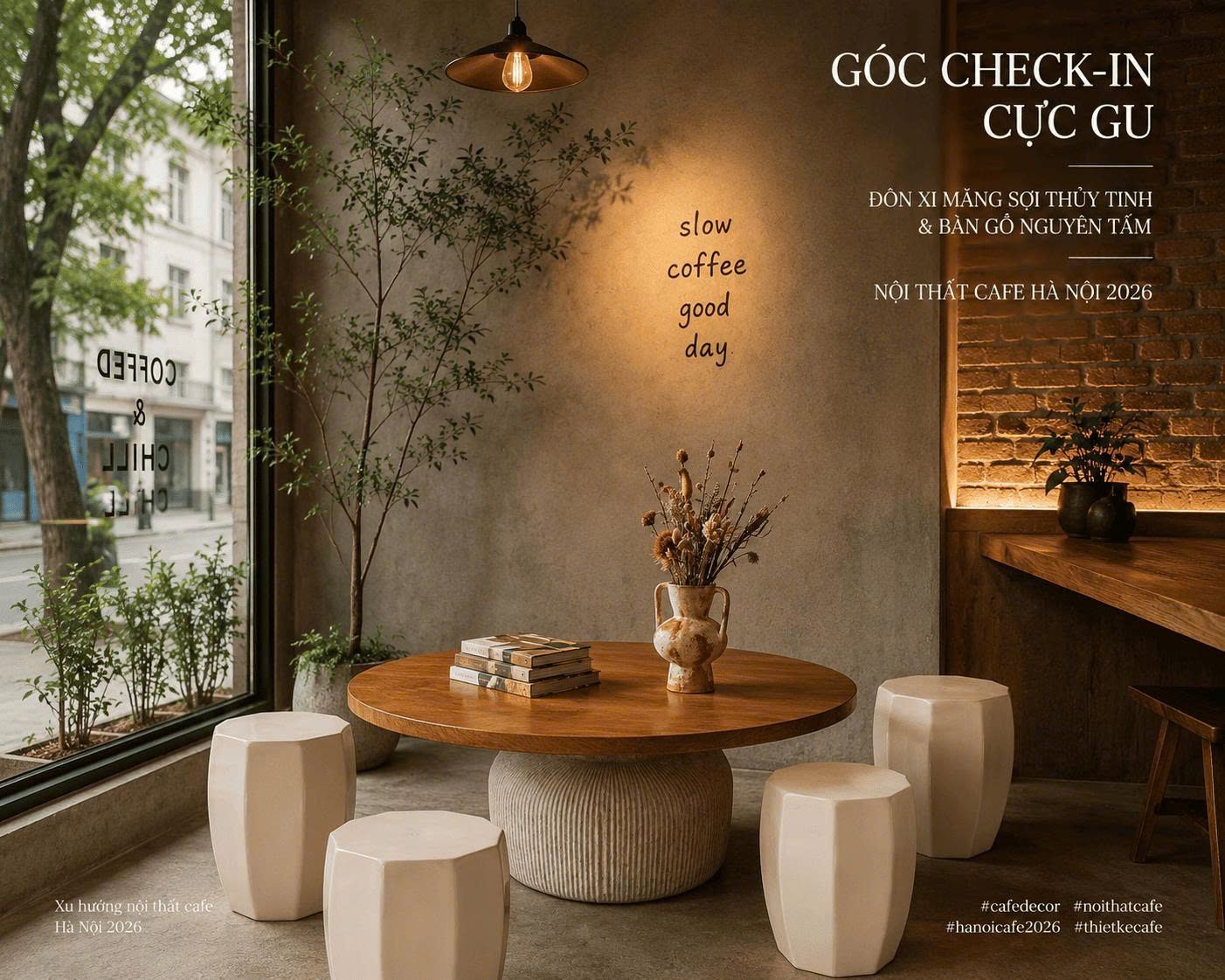 Nội thất cafe Hà Nội 2026: Đột phá doanh thu với làn sóng Wabi-Sabi chữa lành