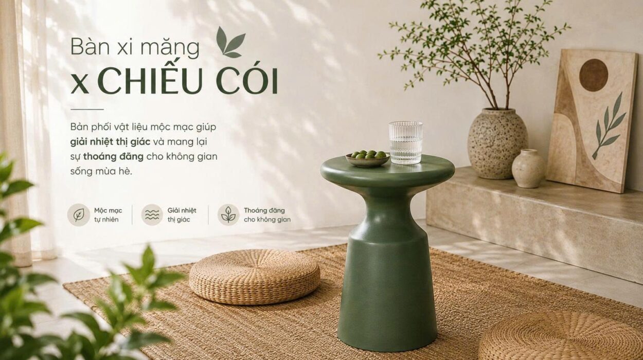 3 Lý Do & Cách Phối Bàn Xi Măng x Chiếu Cói: Bản Phối Vật Liệu Mộc Mạc Mát Lạnh Cho Mùa Hè
