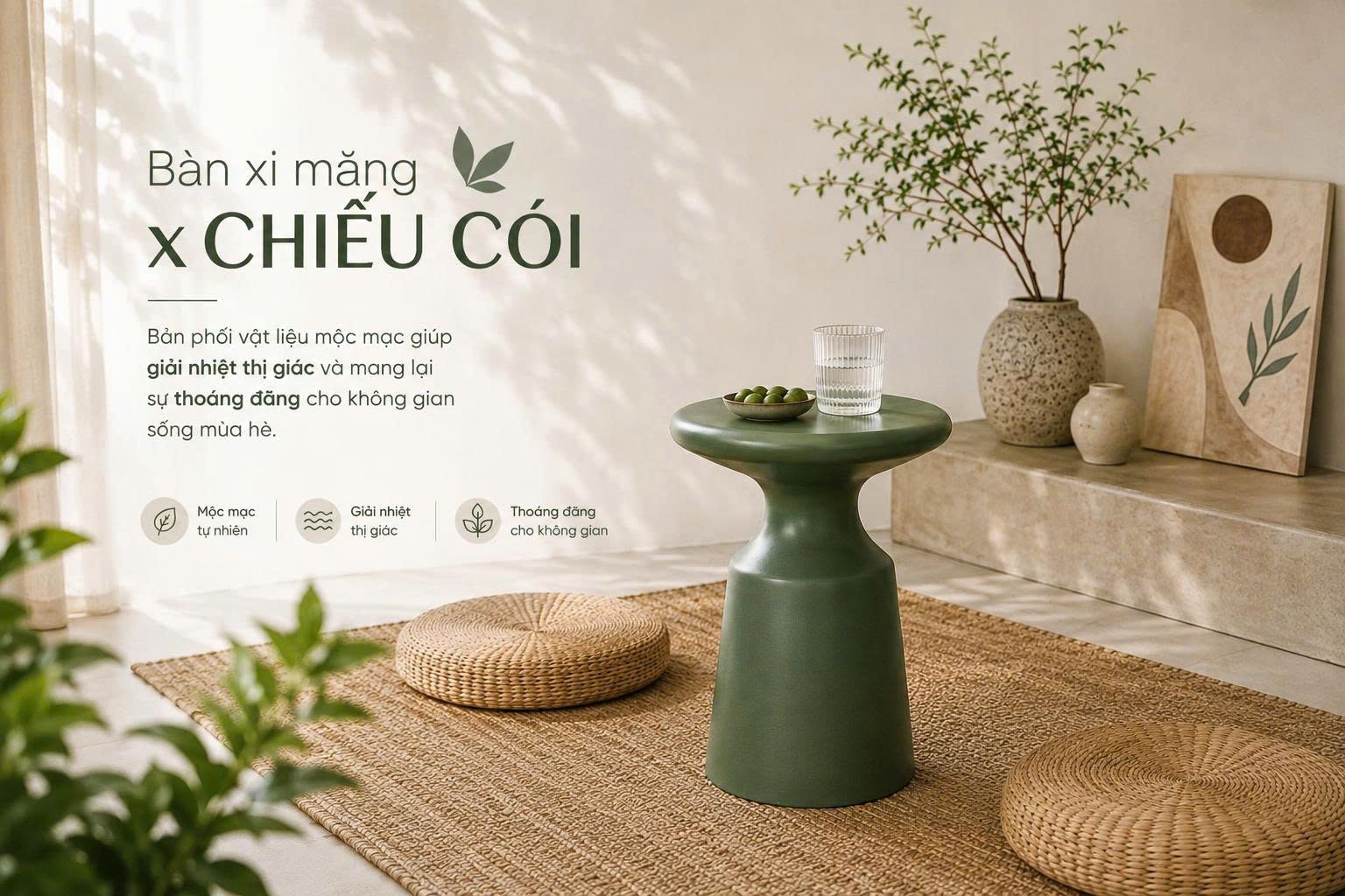 3 Lý Do & Cách Phối Bàn Xi Măng x Chiếu Cói: Bản Phối Vật Liệu Mộc Mạc Mát Lạnh Cho Mùa Hè