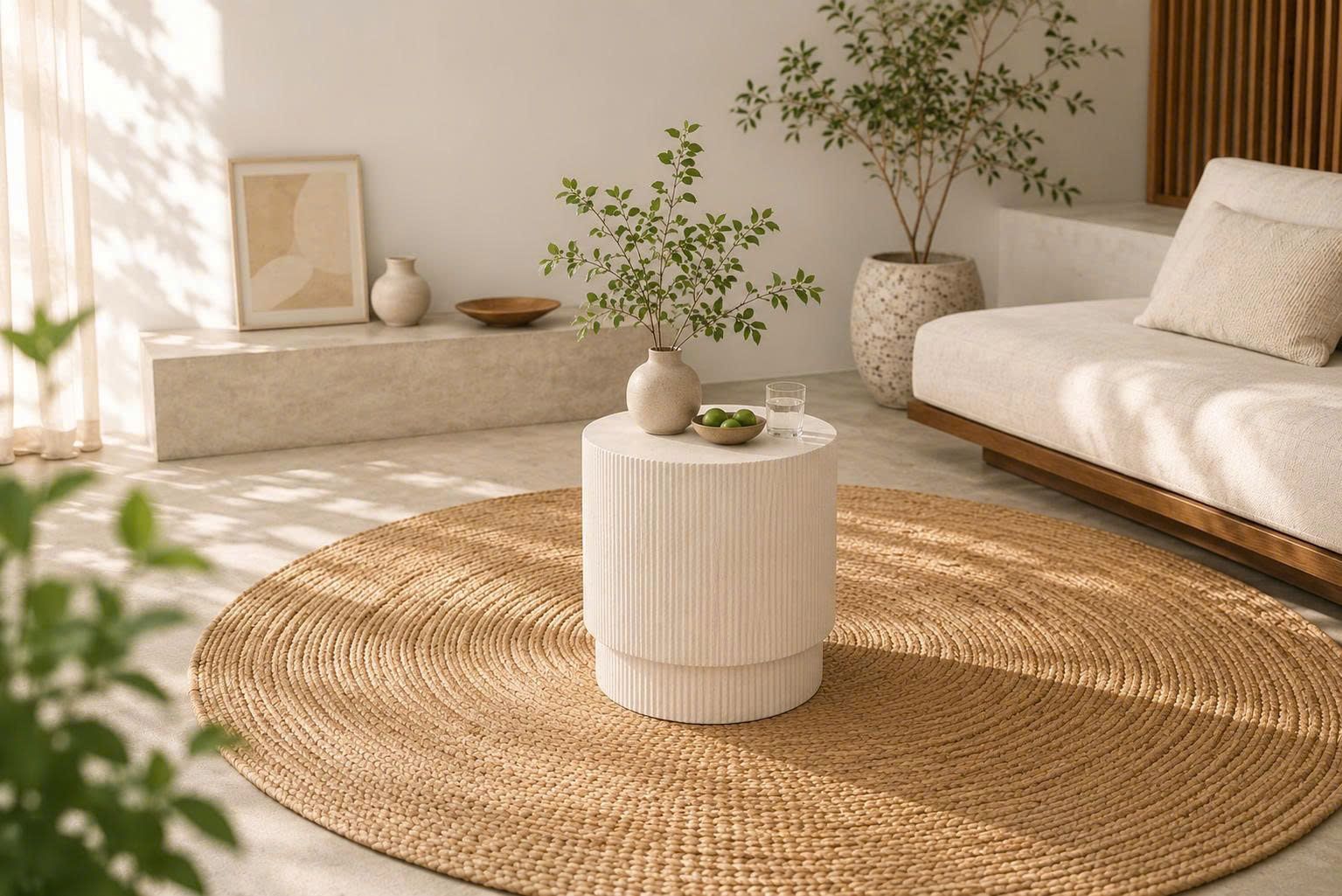 3 Lý Do & Cách Phối Bàn Xi Măng x Chiếu Cói: Bản Phối Vật Liệu Mộc Mạc Mát Lạnh Cho Mùa Hè